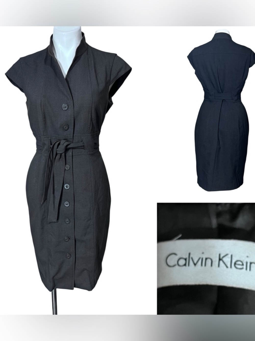 Calvin Klein dress sz 10 Cap-Sleeve Button-Front Waist Tie knee length gray